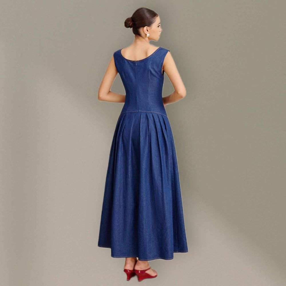 NWT Commense Faux Denim Sleeveless Pleated Maxi Dress XS - M SOLD OUT - Picture 4 of 8